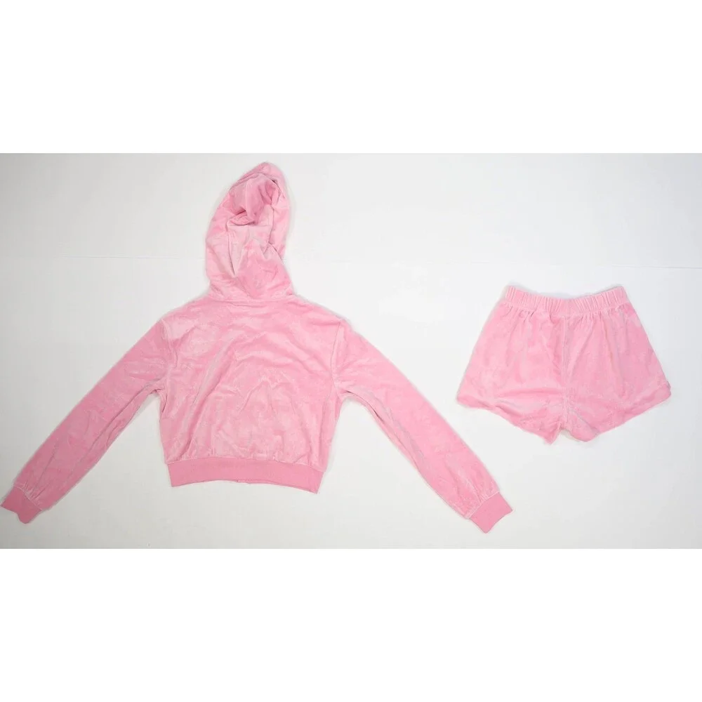 H&M Shorts Set Girls 12 Pink Velour Hoodie Zip Up 2 Piece Lounge Outfit